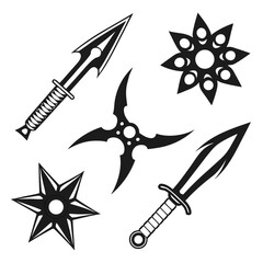 Fototapeta premium Set of five black silhouette ninja weapons and throwing stars