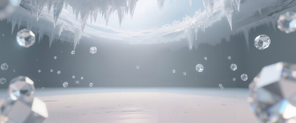 Crystal ice cave with icicles and floating diamonds in winter light  