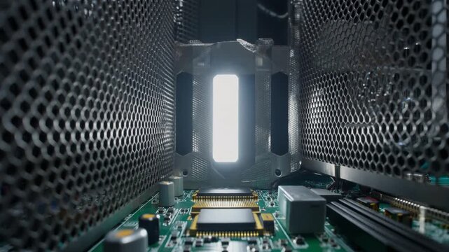 Inside a computer case with glowing light and circuit board showcasing advanced technology.