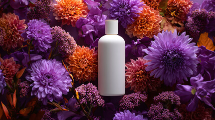 White Cosmetic Bottle Centered Among Purple and Orange Dahlias