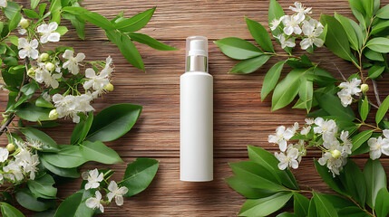 White Cosmetic Bottle Centered on Wooden Surface Surrounded by Green Leaves and White Flowers
