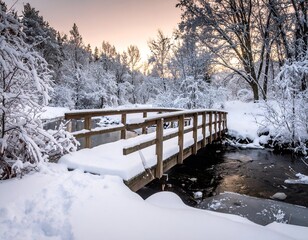 Winter scene of a snow-covered wooden bridge over a stream in a forest