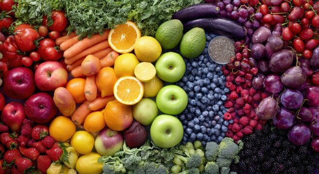A vibrant assortment of fruits and vegetables organized in horizontal rainbow-colored rows