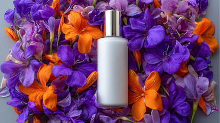 White Cosmetic Bottle Surrounded by Colorful Flowers
