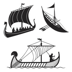 Set of four black ancient ship and boat silhouettes ©  MST RABEYA  BEGUM