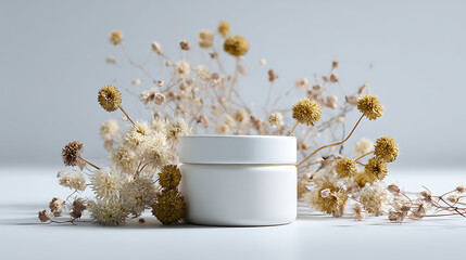 White Cosmetic Jar with Dried Flowers Arranged Around It on Light Background