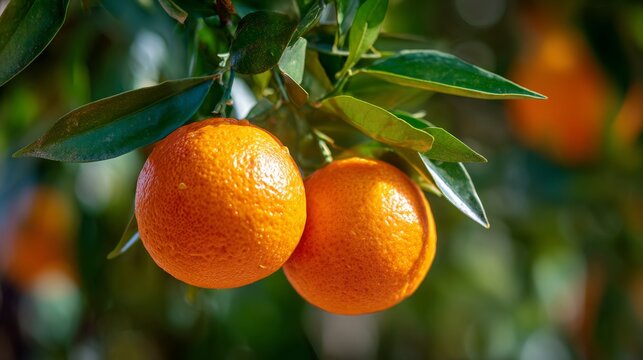 Close-up of fresh ripe oranges hanging on green leafy branches in bright natural sunlight