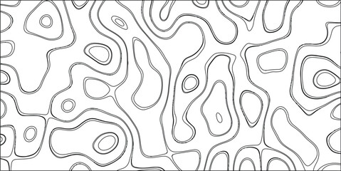 Black and white abstract organic wavy lines and shapes forming a continuous, flowing, and intricate pattern on a white background, resembling topographical maps or cellular structures