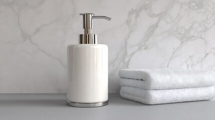 White Soap Dispenser and Towels on Marble Bathroom Counter
