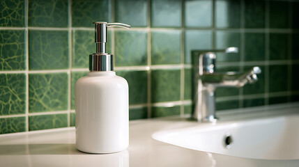 White Soap Dispenser on Bathroom Sink with Green Tiled Wall