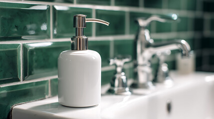 White Soap Dispenser on Sink with Green Tile Wall in Bathroom
