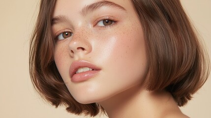 Obraz premium Natural Beauty Portrait of Young Woman with Soft Features and Glow