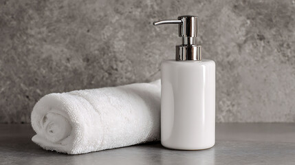 White Towel Rolled Next to Soap Dispenser on Gray Textured Surface