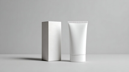 White Tube Cosmetic Cream Container with Box on Gray Studio Background