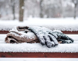 Snow-covered gloves and scarf rest on a bench during a gentle snowfall