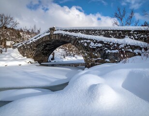 Stone arch bridge covered in snow, over a partly frozen stream, under a blue sky