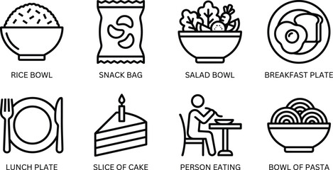 Food icon set, rice bowl, snack bag, salad bowl, breakfast plate, lunch plate, cake slice, pasta bowl, person eating, monochrome