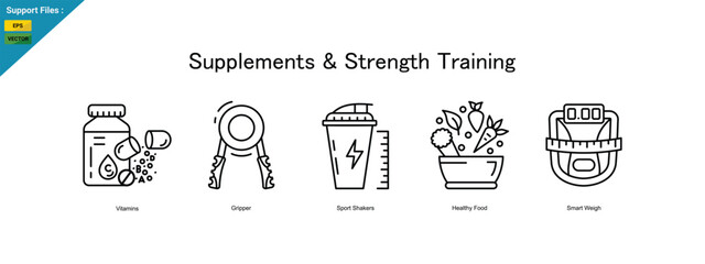 Supplements  Strength Training &ndash; Optimized Nutrition and Fitness for Maximum Performance icons. line icon