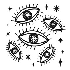 Set of seven abstract eye symbols with starburst pupils