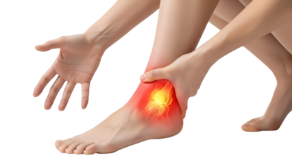 Person holding ankle with pain isolated on transparent background