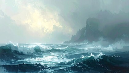 Dramatic seascape with waves crashing against distant cliffs under a partly cloudy sky, rendered in cool tones