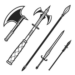 Set of seven black medieval weapon silhouettes on white background