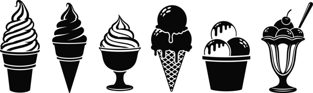 Ice cream silhouette set, soft serve, double scoop, sundae glass, dessert cup, syrup topping, black vector, sweet, cold, treat