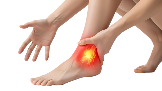 Person holding ankle with pain isolated on transparent background - Powered by Adobe