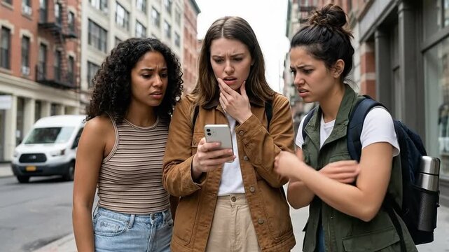 Three Concerned Young Women Navigating City Streets with Smartphone, Puzzled by Directions or a Digital Issue in an Urban Environment