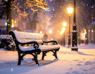 A snow-covered park bench under warm streetlights, amid falling snowflakes at night