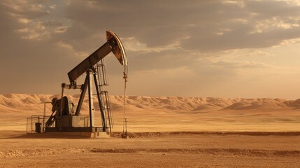 Pumpjack extracting crude oil in the arid desert landscape