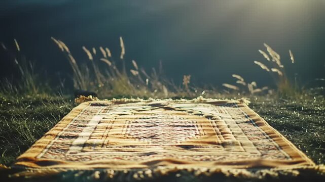 Beautiful Prayer Rug Laid Out in a Serene Natural Setting.