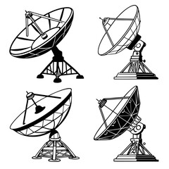 Set of six black and white satellite dish silhouettes