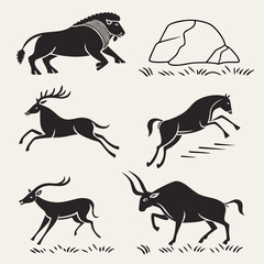 Set of six black animal silhouettes with rock illustration