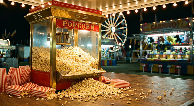 An overflowing vintage popcorn machine surrounded by scattered popcorn kernels. Carnival-like background