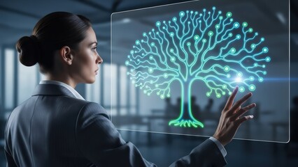 A focused businesswoman in a dark gray suit attentively gazes at and gently touches a luminous, futuristic digital tree composed of interconnected glowing green nodes and branching lines displayed on