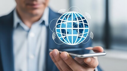 A digitally enhanced, vibrant blue and white globe representing global connectivity, overlaid with radiating white signal waves, is levitating above a modern smartphone held in a blurred, professional