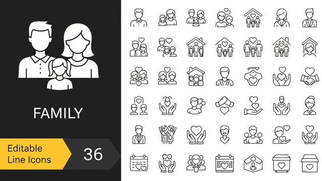Modern outline vector icons depicting diverse family structures, relationships, and human connections, suitable for web, mobile, and print applications, emphasizing community and care