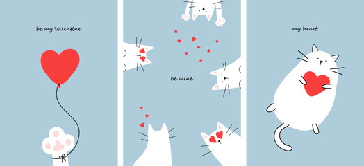 Set of vector Valentine's Day cards. Cute cats with hearts.