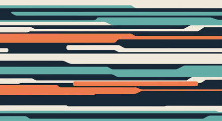 Contemporary horizontal stripe pattern with rounded, overlapping elements in a modern color palette of deep navy, teal, orange, and cream for a dynamic look.