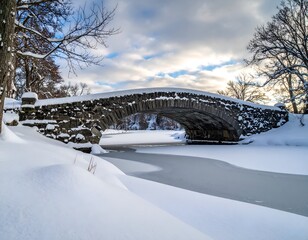 Stone arch bridge over a frozen waterway, blanketed in snow, under a cloudy sky