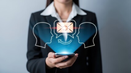 A professionally dressed businesswoman in a dark suit is holding a glowing smartphone that projects a vibrant, futuristic holographic display of two white outlined human profile heads connected by a