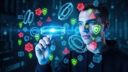 A focused young man with short dark hair, wearing a dark hooded sweatshirt, intently interacts with a glowing, complex network of interconnected digital security elements—represented by wireframe