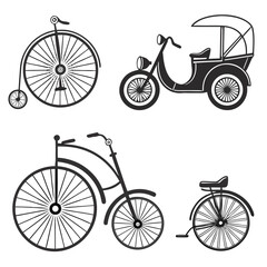 Set of vintage bicycle silhouettes and auto rickshaw