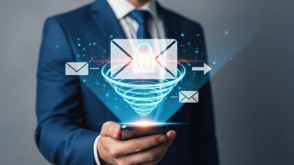 A sharply focused, digitally enhanced conceptual illustration depicting a glowing, translucent email envelope secured with a prominent padlock icon, swirling within a vortex of bright blue energy