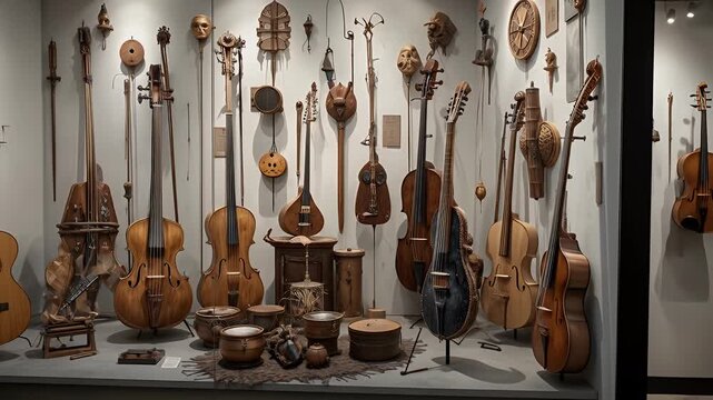 Collection of vintage stringed instruments in a museum display case captures history