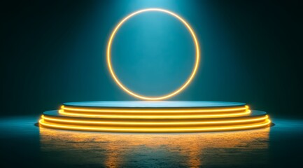 Large yellow circle is on a stage with a blue background. The circle is surrounded by a series of yellow steps