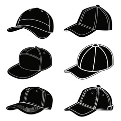 Six black baseball cap silhouettes with white outlines
