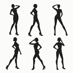 Six black female fashion model silhouettes in various poses