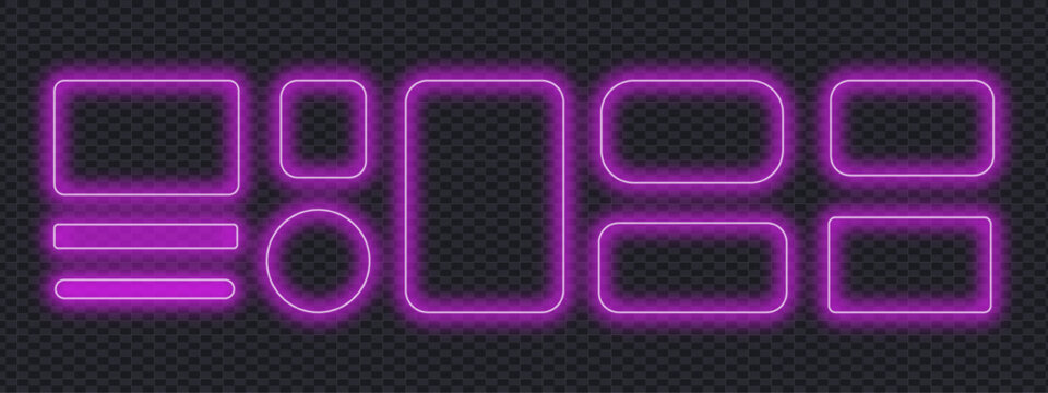 Glowing purple neon frames and user interface elements on transparent background. Light pink frames square, oval, rectangle, circle. Vector frame light glass. Vector illustration.